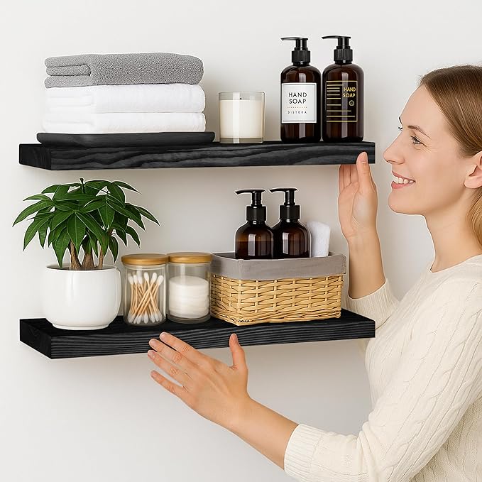 BGMG Wood Floating Shelves 24 inch, Wide Rustic Wooden Wall Shelves for Bathroom Living Room Bedroom Kitchen Farmhouse Set of 2-24x 6.7 x1.25 inch- Black-Ruum Studio Home