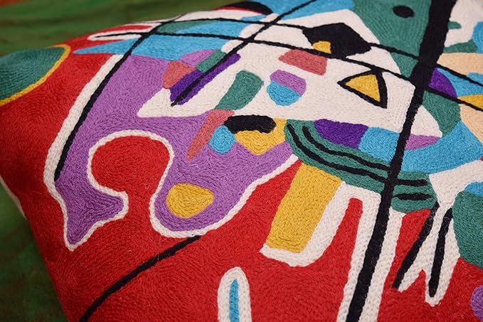 Kandinsky Modern Couch Pillow Cover - Red Painting | Abstract Toss Pillow | Modern Chair Cushion| Contemporary Pillow | Mid Century Chair Cushion | Hand Embroidered Pillow | Wool Size 18x18-Ruum Studio Home