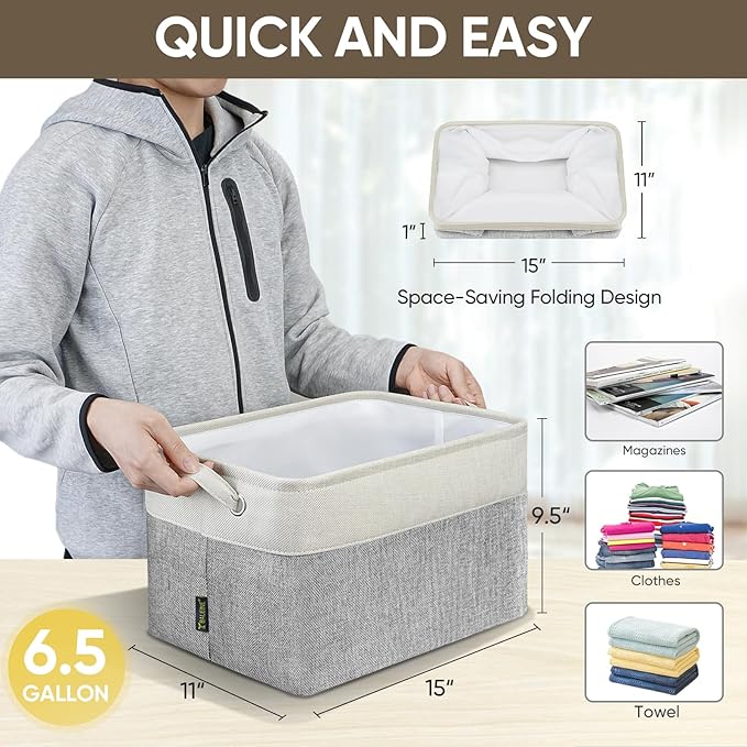 BALEINE 2 Pack Fabric Storage Bins for Shelves, Linen Storage Baskets for Organizing, Decorative Closet Bins for Clothes, Home (Grey, 15"x11"x9.5")-Ruum Studio Home