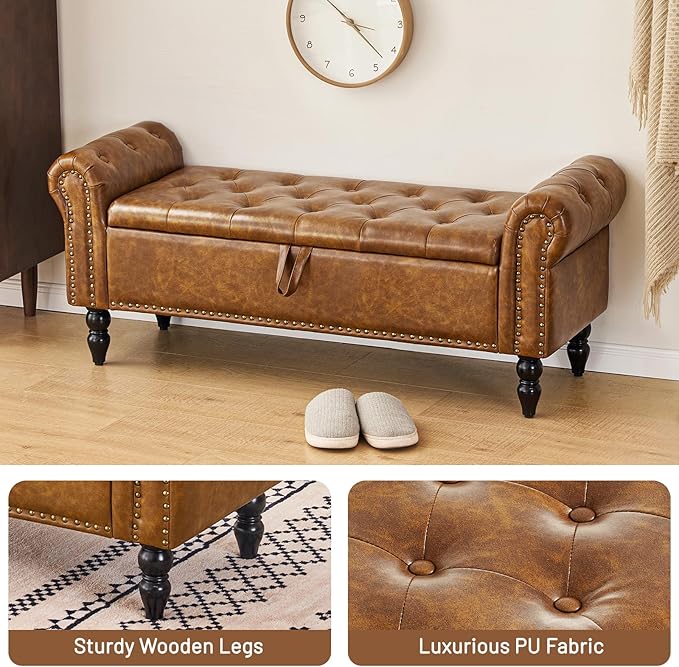 Furniliving Storage Ottoman Bench, Leather Benches End of Bed Bench with Solid Wood Legs Upholstered Ottoman Bench with Storage Indoor Bench for Living Room with Rolled Arm, Entryway, YellowBrown-Ruum Studio Home
