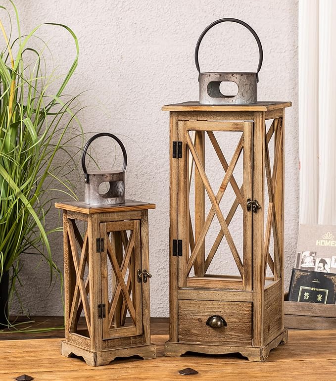 TIMRIS Large Farmhouse Wooden Candle Lantern Set of 2, Rustic Floor Candle Lanterns with Drawer, Vintage Hurricane Lantern Holder for Indoor Outdoor Decor (No Glass)-Ruum Studio Home