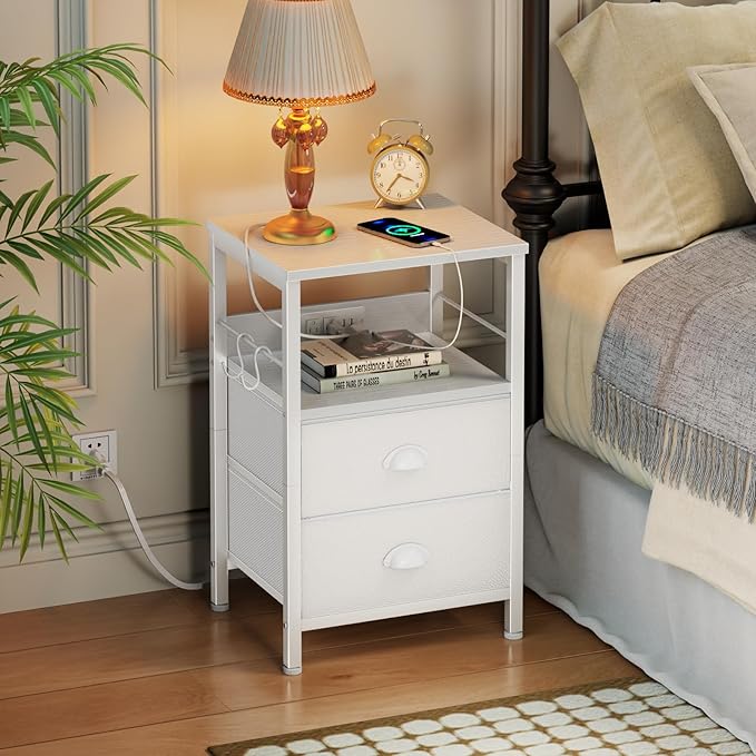 Furologee End Table with Charging Station, Nightstand with Fabric Drawers, Side Tables with USB Ports & Outlets, Night Stand with Storage Shelf & Hooks, for Living Room/Bedroom, White-Ruum Studio Home