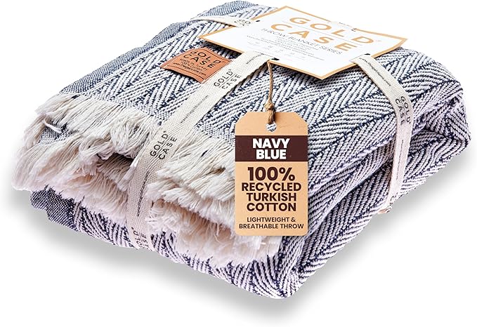 Gold Case Throw Blanket for Couch – 100% Recycled Turkish Cotton Blankets & Throws – Elegant Decorative Throw Blankets for Living Room Sofa – Woven Throws for Couch – Vintage Navy Blue – 60x80-Ruum Studio Home