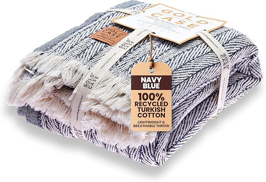 Gold Case Throw Blanket for Couch – 100% Recycled Turkish Cotton Blankets & Throws – Elegant Decorative Throw Blankets for Living Room Sofa – Woven Throws for Couch – Vintage Navy Blue – 60x80-Ruum Studio Home