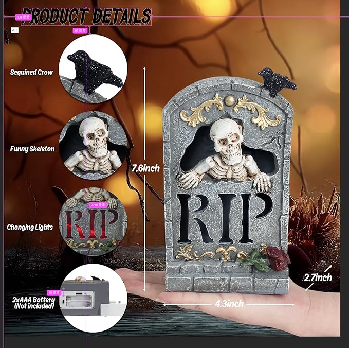 Halloween Decoration Indoor 7.6″ Tombstone Statue with LED Lights Spooky Skull Head Gravestone Skeleton RIP Lighting Changes Halloween Village for Table Shelf Home Party Outdoor Decor Gifts-Ruum Studio Home