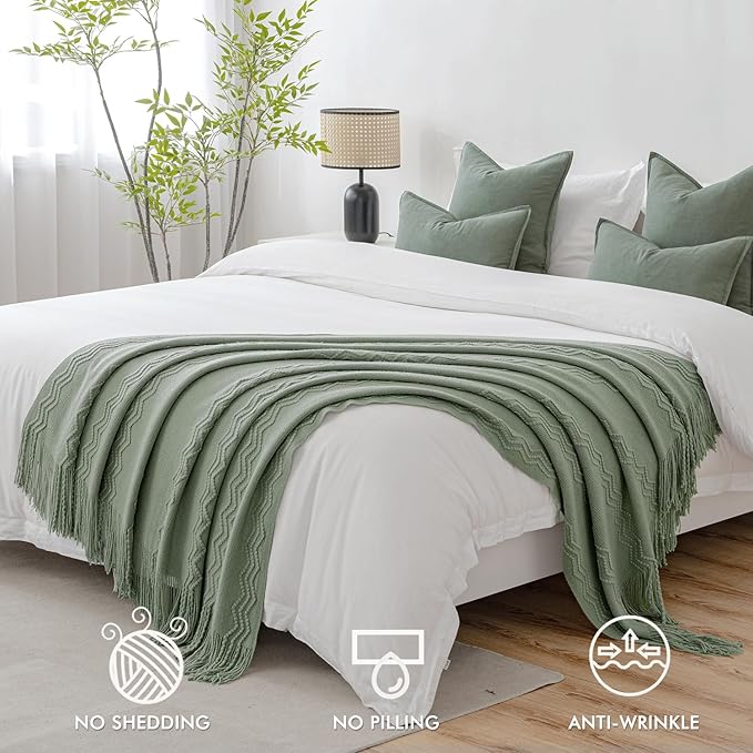 MIULEE Sage Knitted Throw Blanket for Couch Boho Green Textured Cozy Woven Decorative Farmhouse Blanket with Tassels for Sofa Chair Bed Living Room, Lightweight Spring Home Decor 50"x60"-Ruum Studio Home