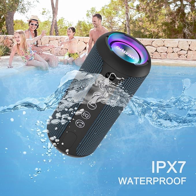 Ortizan Portable Bluetooth Speakers, IPX7 Waterproof Wireless Speaker with 24W Loud Stereo Sound, Outdoor Speaker with Bluetooth 5.3, Deep Bass, RGB Lights, Dual Pairing, 30H Playtime for Home, Party-Ruum Studio Home