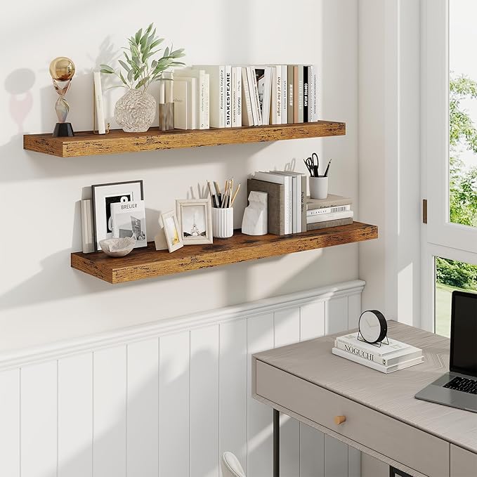 Fun Memories 40" Rustic Wood Floating Shelves with Invisible Brackets for Storage & Decor, Deep Wall Mounted Shelves for Bathroom, Kitchen, Living Room (Brown,Set of 2)-Ruum Studio Home
