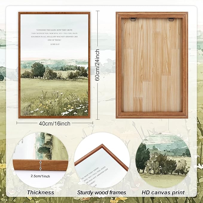 KAIRNE Scripture Christian Canvas Wall Art,Bible Verse Prints Set of 3(16”X24”),Modern Scripture Floral Wall Decor,Framed Green Countryside Field Paintings for Living Room Bedroom Ding Room Decor-Ruum Studio Home