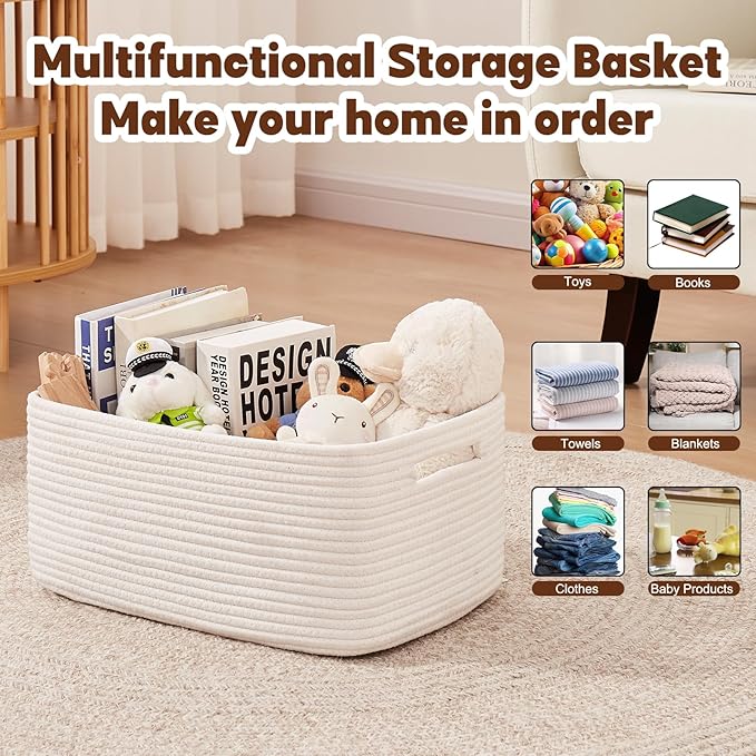 OIAHOMY Storage Basket for Shelves, Closet Cube Storage Bins Baskets for Clothes Blanket Towels, Baby Nursery, Toy Baskets Box, Woven Rope Basket, 15.75*11.81*7.09 IN, 2 Packs White-Ruum Studio Home