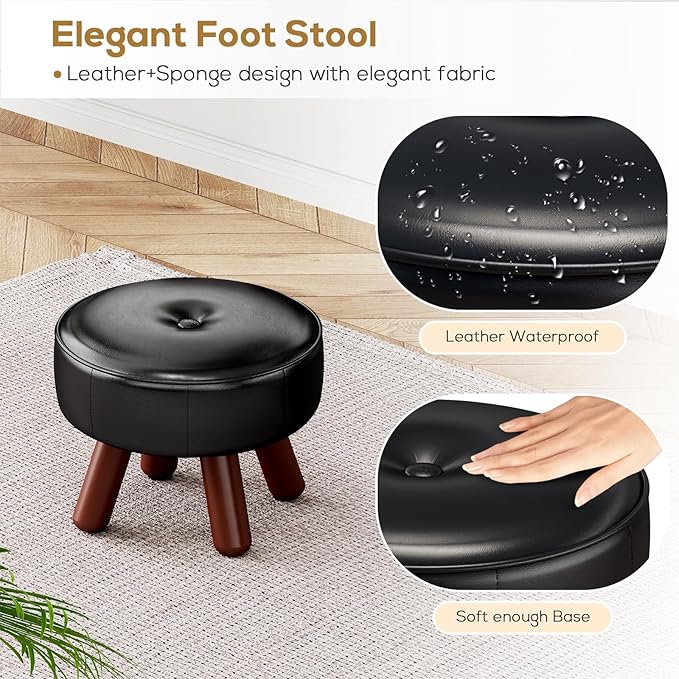 13in Small Foot Stool Ottoman, Round Faux Leather Foot Rest, Footstool Ottomans with Rubber Legs Under Desk, Footrest for Couch, Living Room, Bedroom, Office, 13''L x 13''W x 10.2''H, Black-Ruum Studio Home