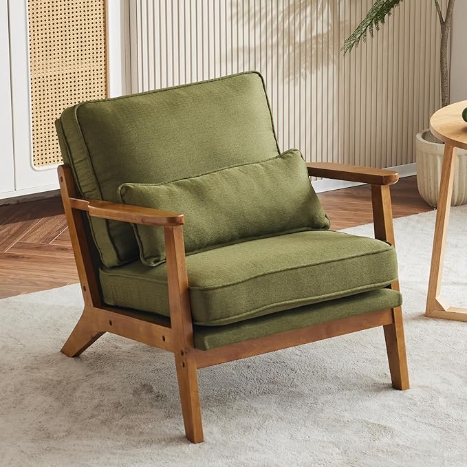 Karl home Accent Chair Wide Armrest Mid-Century Lounge Chair Linen Fabric Armchair with Lumbar Pillow & Solid Wood Frame for Living Room, Bedroom, Balcony, Green-Ruum Studio Home