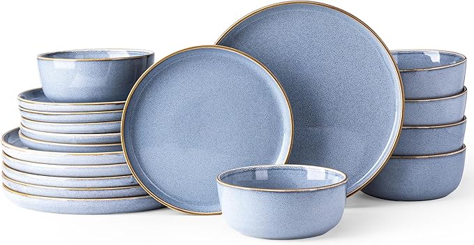 GBHOME Ceramic Dinnerware Sets for 6, 18 Pieces Stoneware Plates and Bowls Sets, Scratch Resistant Dish Sets for Dinner, Dishwasher & Microwave Safe, Brunnera Blue-Ruum Studio Home
