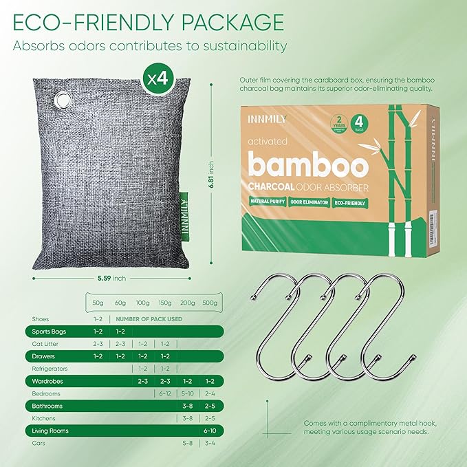 Activated Charcoal Odor Absorber, Odor Eliminator for Strong Odor,Bamboo Charcoal Air Purifying Bags for Home Car Closet Pet, Smoke Room Deodorizer (4 x 200g, Unscented)-Ruum Studio Home