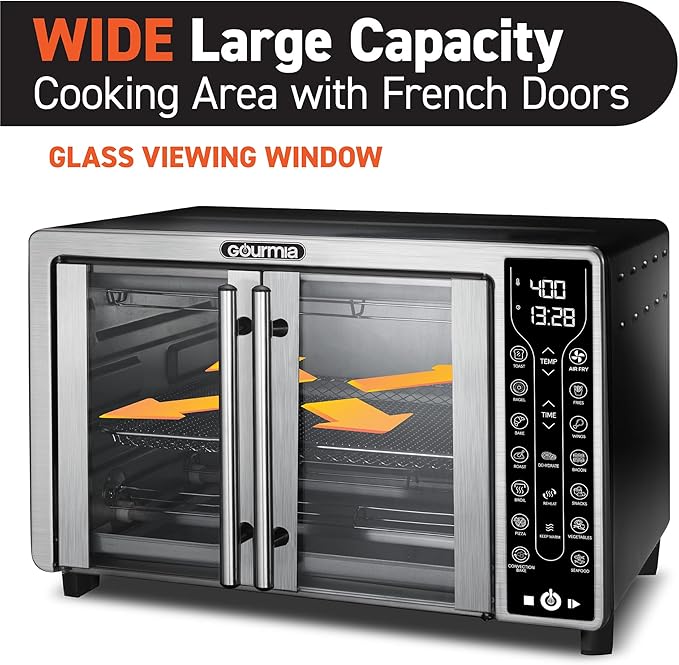 Gourmia Toaster Oven Air Fryer Combo 17 cooking presets 1700W french door digital air fryer oven 24L capacity accessories, convection rack, baking pan tray recipe book GTF7655,Large,Stainless Steel-Ruum Studio Home
