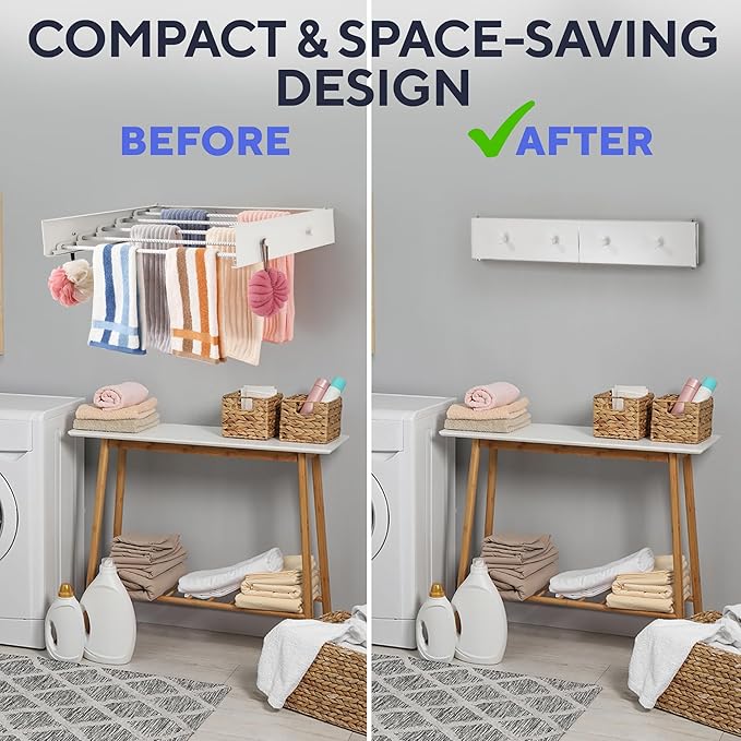 Foldable Wall Mounted Drying Rack 28 inch - Easy to Install Hanging Rack for Laundry Room - Space Saving Design with 55-lb Capacity - Perfect Drying Racks for Clothes Towels & More-Ruum Studio Home