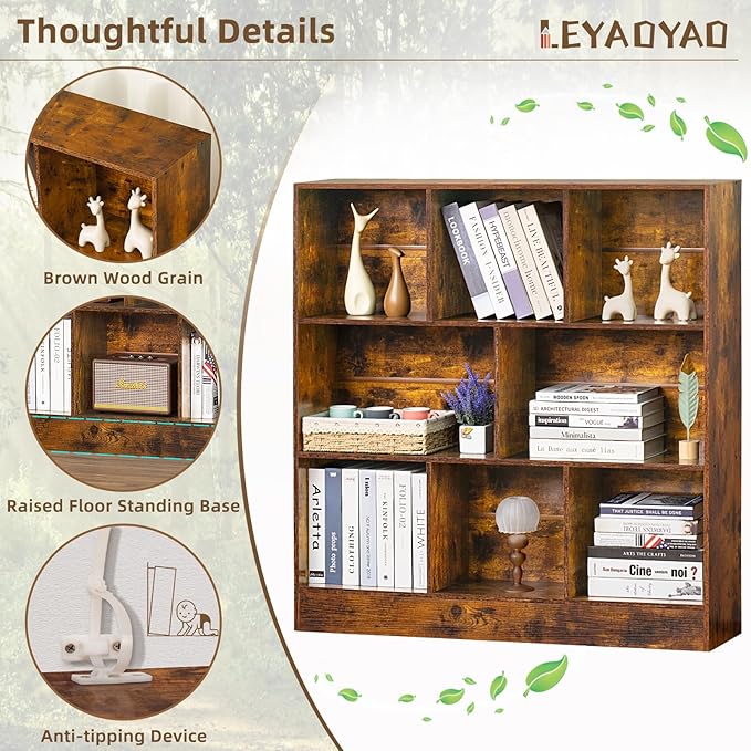 LEYAOYAO 8 Cube Bookshelf with Wood Base, Brown 3 Tier Mid-Century Modern Bookcase,Standing Wide Bookshelves Storage Organizer Shelf,Rustic Display Cabinet Book Shelves for Bedroom,Living Room,Office-Ruum Studio Home