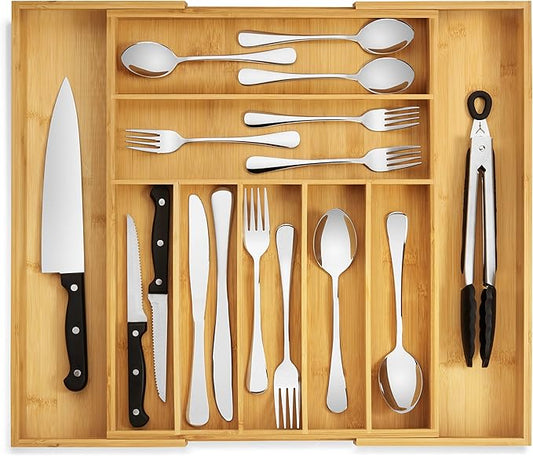 Purawood Bamboo Drawer Organizer - Expandable Silverware Organizer & Utensil Drawer Organizer, Cutlery Tray with Dividers, 7-9 Slots- Kitchen Organizer for Utensils & Flatware (Natural)-Ruum Studio Home