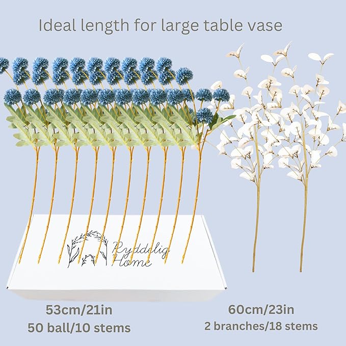 Faux Dusty Blue Flowers, Blue and White Floral Stems for Centerpieces, Fake Mums Artificial Flowers, Flores Azules Artificiales para Decoracion, Long Stems for Vases, DIY Silk Floral Arrangements-Ruum Studio Home