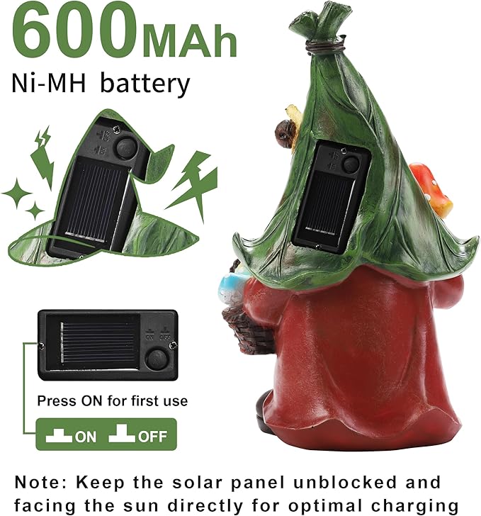 Mushroom-Picking Gnome Solar Garden Statue with 3 LED Lights, Set with 1 Gnome and 2 Small Mushroom, Lovely Garden Gnome Set for Patio, Yard, Lawn Ornament, Outdoor Decor-Ruum Studio Home
