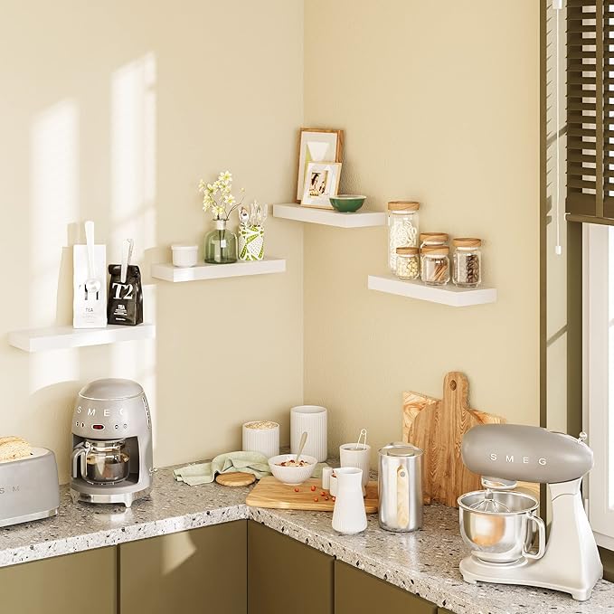 BAMEOS Floating Shelves, White Wall Mounted Wooden Shelves with Invisible Brackets Set of 2, Hanging Wall Shelves Decoration for Bedroom, Bathroom, Living Room and Kitchen-Ruum Studio Home