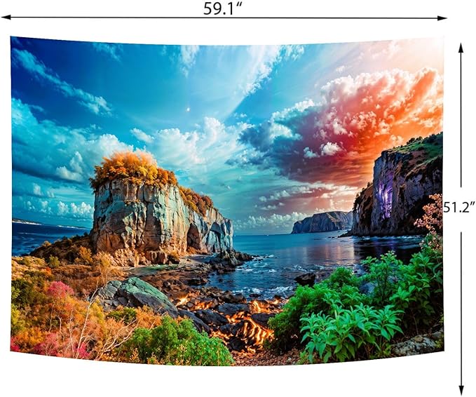 Delur Coastal Ocean Beach Tapestry Tropical Forest Tree Sunrise Sea Landscape Tapestry Wall Hanging Wave Sunset Nature Colorful Spiritual Headboard for Bedroom Living Room Home Decor (51.2" x 59.1")-Ruum Studio Home