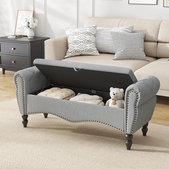 Furniliving 51.75" Storage Ottoman Bench for Living Room, Modern Bedroom Bench with Rolled Arm Upholstered End of Bed Bench Shoe Storage Bench Indoor Bench with Wood Legs Entryway Bench,Grey, Linen-Ruum Studio Home