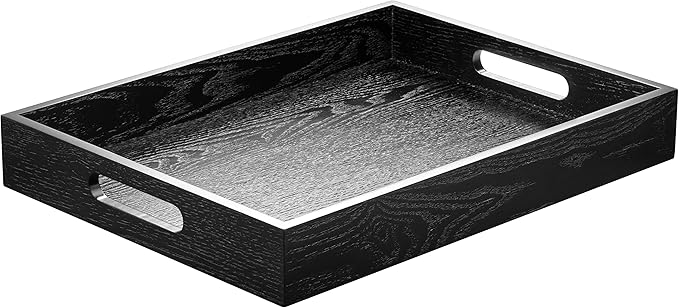 Wood Serving Tray with Handles, Home Decorative Wooden Rectangle Ottoman Decor Platter Vanity Tray for Breakfast Dinner Drinks Kitchen Dining Living Bathroom Restaurants Black-Ruum Studio Home