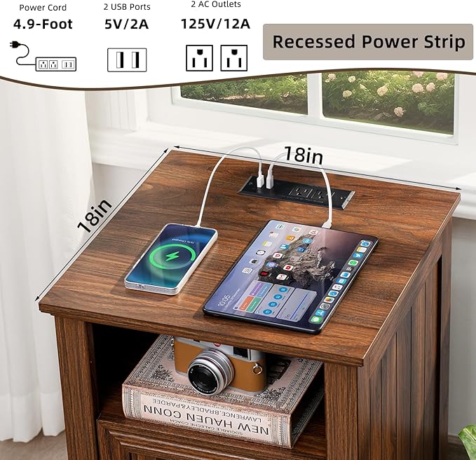 18" Farmhouse Night Stands Set of 2 with Charging Station, 2 Drawers End Table Dresser for Bedroom, Brown Wooden Nightstand, Bed Side Table with Open Shelf, Bedside Cabinet for Living Room-Ruum Studio Home