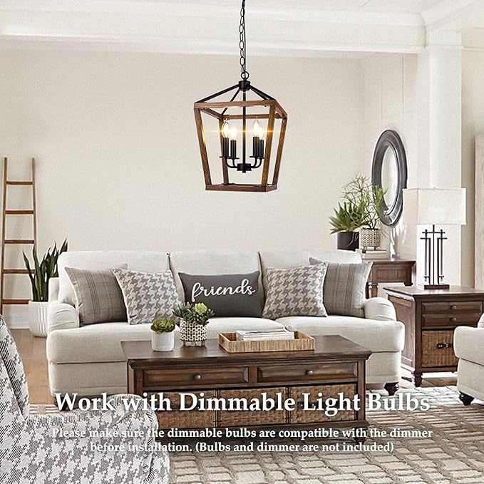 Farmhouse Chandelier Light Fixture for Kitchen Dining Room, 4-Light Rustic Pendant Hanging Ceiling Light Height Adjustable in Oak Wood Finish, Cage Lantern Lighting with E12 Base for Hallway Foyer-Ruum Studio Home