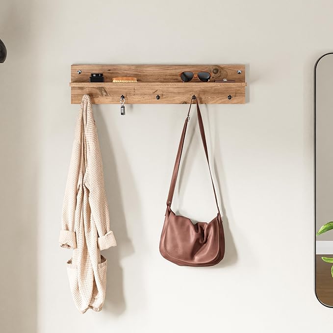 Modern Wall-Mounted Coat Rack with Shelf and Hooks - Wooden Entryway Organizer (Brown)-Ruum Studio Home