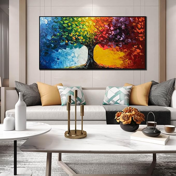 Hand Painted Colorful Tree Painting for Living Room - Bedroom Signs Wall Decor Above Bed - Large Framed Wall Art Size 29" x 59"-Ruum Studio Home