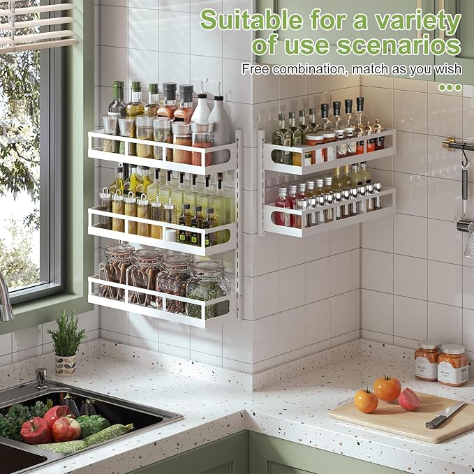 X-cosrack Wall Mount Spice Rack Organizer 5 Tier Height-Adjustable Hanging Spice Shelf Storage for Kitchen Pantry Cabinet Door, Dual-Use Seasoning Holder Rack with Hooks, White-Ruum Studio Home