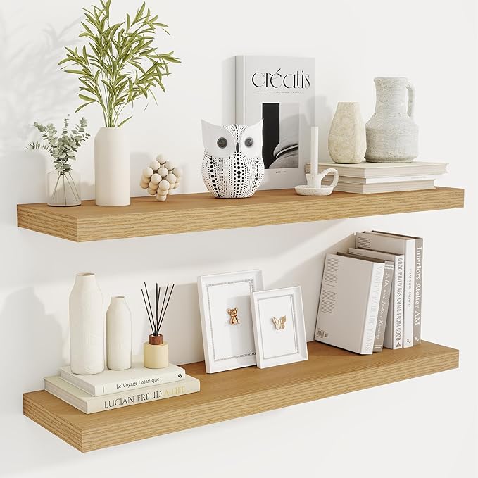 36 Inch Floating Shelves, 9.3 Inch Deep Rustic Wall Shelves - Extra Deeper Wall Mounted Storage Shelves for Bathroom, Kitchen, Living Room (Oak, Set of 2)-Ruum Studio Home