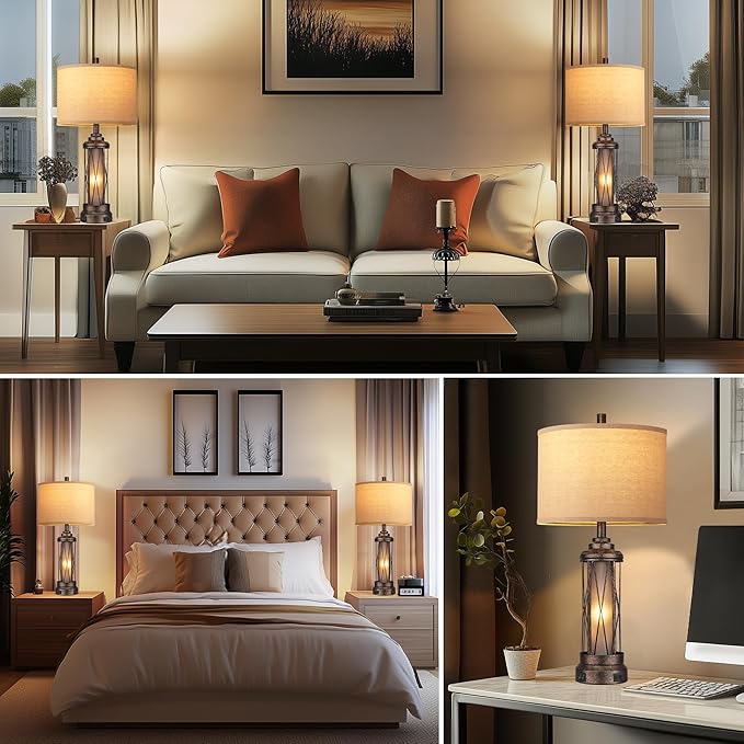 Qimh Farmhouse Table Lamps for Living Room, Rustic Nightstand Lamp for Bedroom with USB A+C Charging Ports, Frosted Glass Bedside Lamp with Night Light for Entryway End Table, 4 Bulbs Included, Bronze-Ruum Studio Home