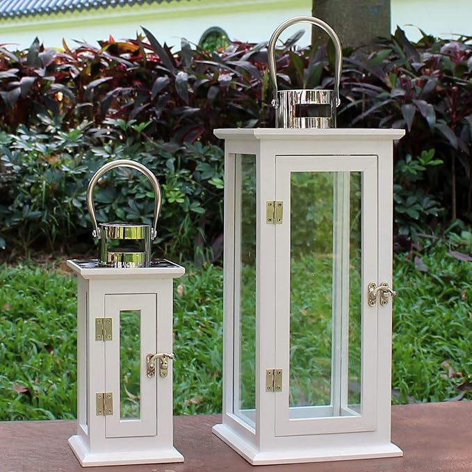CVHOMEDECO. Decorative Elegant Wood Hurricane Candle Lantern with Stainless Top and Glass Inserts for Home Patio Outdoor Decor. White, Set of 2-Ruum Studio Home