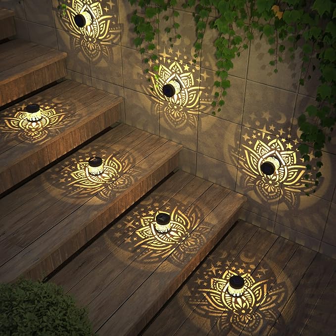 4 Pack Solar Fence Lights Metal Solar Powered Outdoor Wall Deck Lights Lotus Theme Waterproof Fence Light for Garden Post Patio Backyard Yard Decor (Lotus, 4 Pack)-Ruum Studio Home