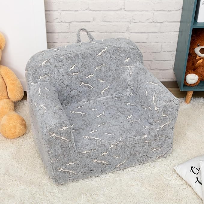 ALIMORDEN Kids Ultra-Soft Snuggle Foam Filled Chair, Glow-in-The-Dark Dinosaurs Fossil Pattern Toddler Cuddly Sherpa Reading Couch for Boys and Girls-Ruum Studio Home