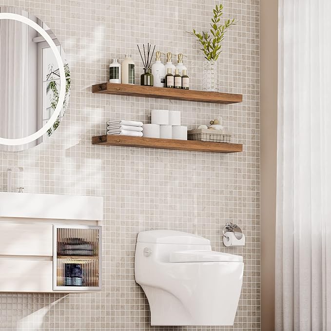 HOOBRO Floating Shelves for Wall, Wall Mounted Shelf Set of 2, 47.2" Hanging Shelf with Invisible Brackets, for Wall Bathroom, Bedroom, Toilet, Kitchen, Living Room, Office, Rustic Brown BF120BJP201-Ruum Studio Home