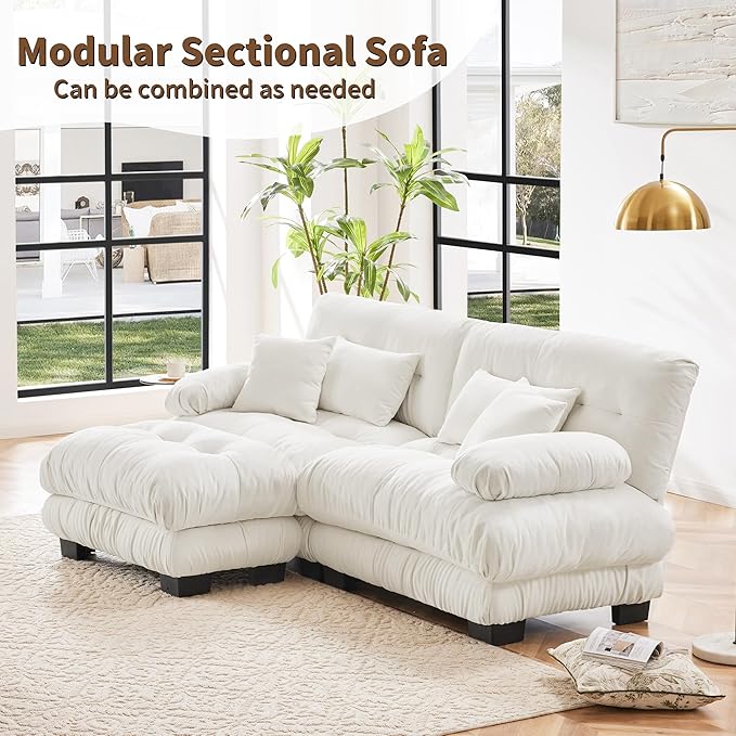 Loveseat Modular Sectional Sofa, L Shaped Couch with Ottoman, Cloud Couch Sectional Couch Home Sofa Living Room Oversized Couch Deep Seat Couch with Round Bolster Armrests 4 Pillows(White)-Ruum Studio Home