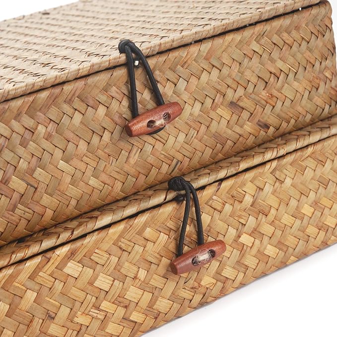 Seagrass Storage Basket Box with Lid Rectangular Woven Shelf Baskets Bins for Organize Snack Toys Set of 2 Natural Decorative(Large+Small)-Ruum Studio Home