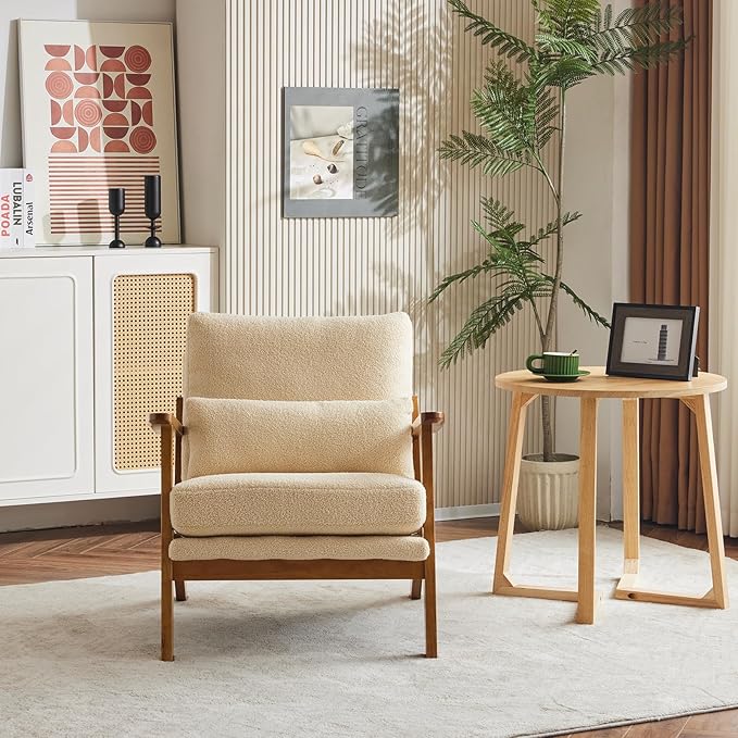 Karl home Accent Chair Wide Armrest Mid-Century Lounge Chair Teddy Fleece Armchair with Lumbar Pillow & Solid Wood Frame for Living Room, Bedroom, Balcony, Khaki-Ruum Studio Home