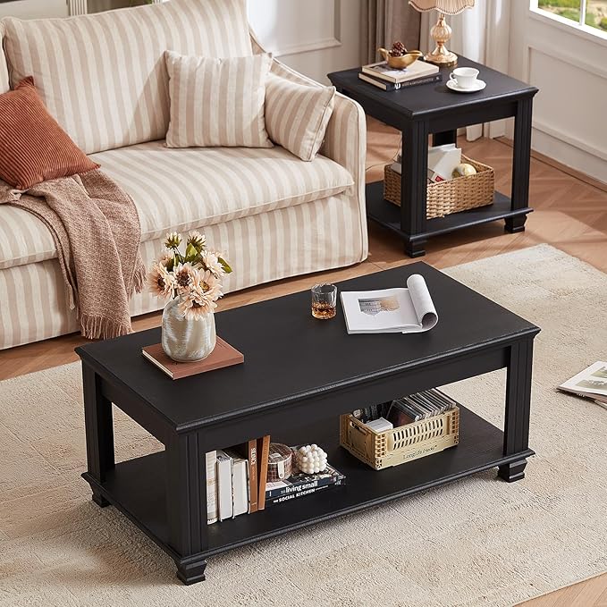 Farmhouse Coffee Tables for Living Room,Square Tea Table with Open Storage Shelf,Large Coffee Table,Rustic Wooden Center Table,Black-Ruum Studio Home