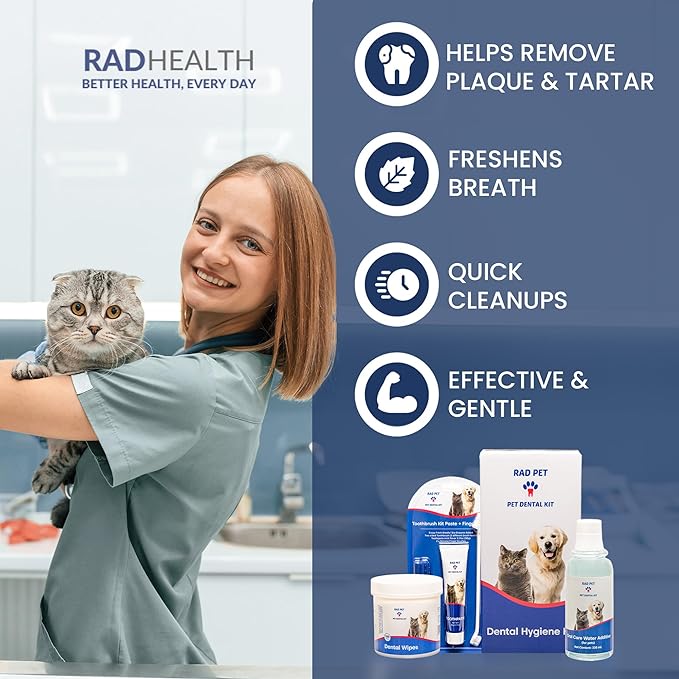 RAD PET - Advanced Pet Dental Hygiene Kit, Vet-Formulated Cat & Dog Tooth Brushing Kit, Complete Oral Care with Cat/Dog Toothbrush and Toothpaste (Enzymatic), Pet Dental Wipes & Water Additive-Ruum Studio Home