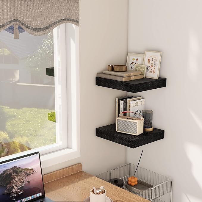 Fun Memories 12 Inch Floating Shelf, Rustic Wood Wall Shelves for Wall Decor & Storage, 12 x 12 Floating Shelf for Living Room, Bathroom, Bedroom, Black, Set of 2-Ruum Studio Home