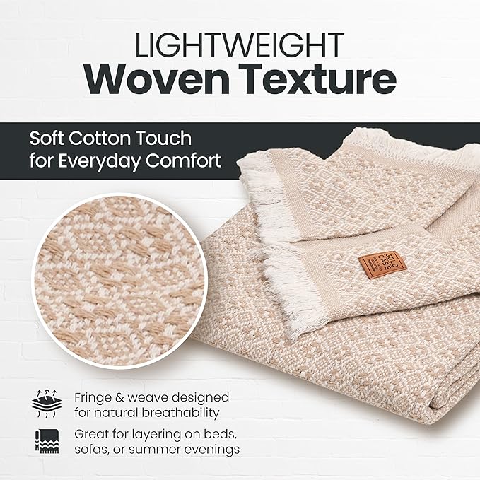 Gold Case Throw Blanket for Couch – 100% Recycled Turkish Cotton Blankets & Throws – Elegant Decorative Throw Blankets for Living Room Sofa – Woven Throws for Couch – Retro Beige – 50x60-Ruum Studio Home