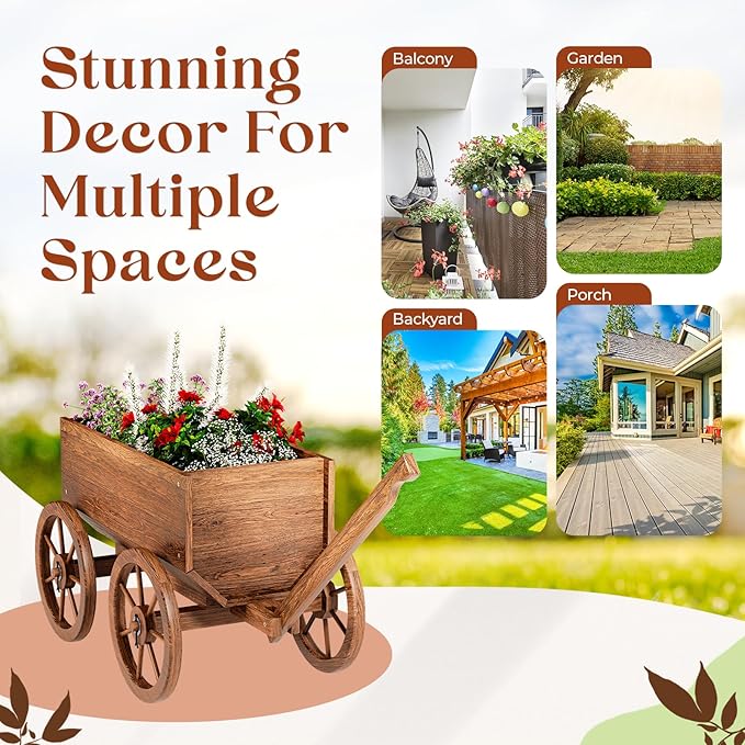 Wood Wagon Planter for Outdoor Balcony Decor - Garden Rustic Wooden Flower Cart with Wheels for Outside - Garden Decor - Amish Decorative Indoor - Wheelbarrow Planter for Patio-Ruum Studio Home