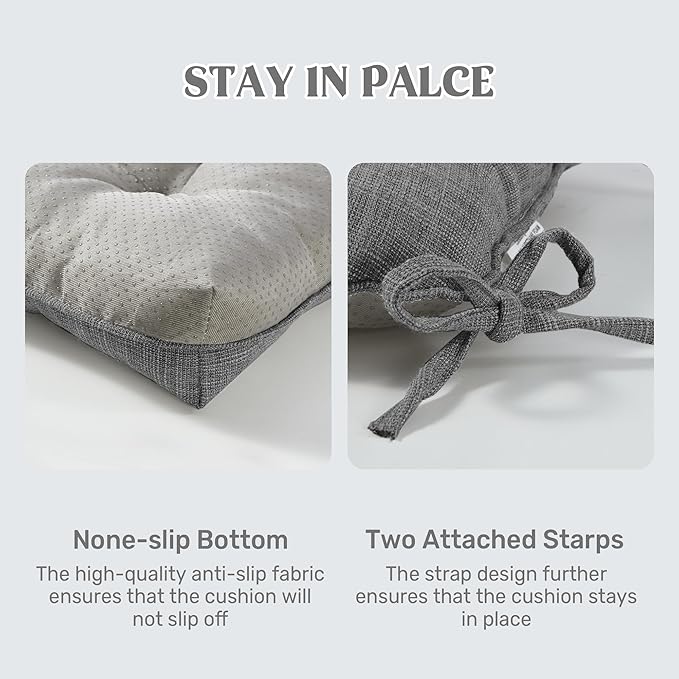 puredown® Chair Cushions for Dining Chairs, Tufted Memory Foam Chair Pads with Non-Slip Backing, Kitchen Seat Cushions with Ties, Washable Seat Pad Set of 4, 15.5" x 15.5" x 4", Dark Grey-Ruum Studio Home