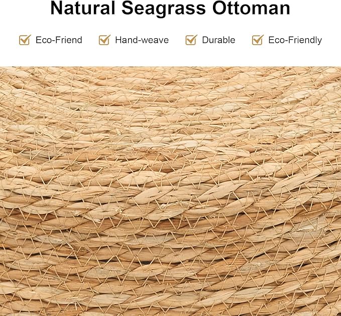 Pouf Ottomans, Handwoven Natural Straw Footstool, Round Braided Outdoor Patio Stool with Wood Frame, Boho Decor Accent Seat Balcony, or Garden (Blue)-Ruum Studio Home