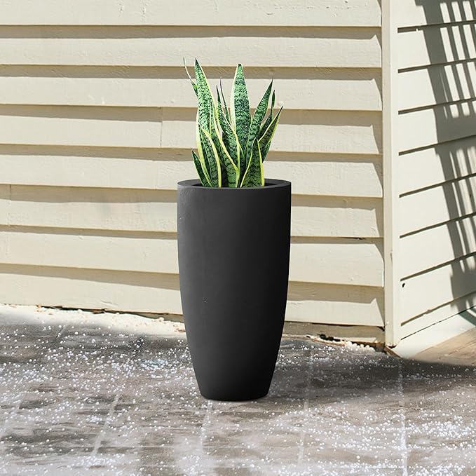 Kante 23.6" H Black Finish Concrete Tall Planters Large Outdoor Indoor Decorative Plant Pots with Drainage Hole and Rubber Plug, Modern Tapered Style for Home and Garden-Ruum Studio Home